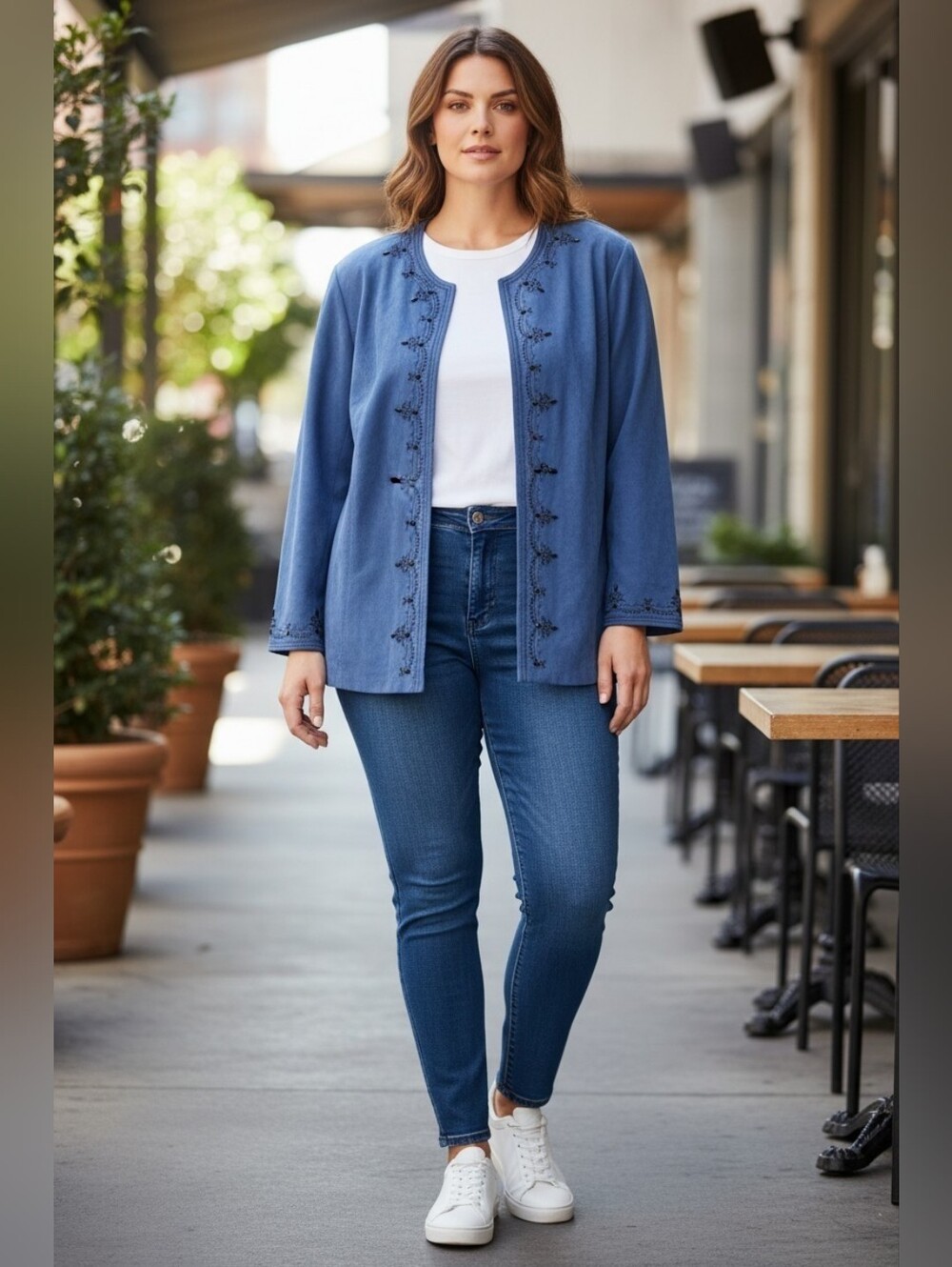 Dressbarn Blue Embroidered Open Cardigan Jacket